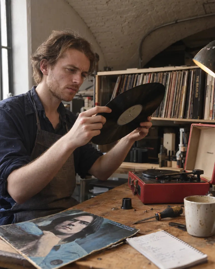 A worn record examined under a lamp, its groove walls flattened by a heavy stylus