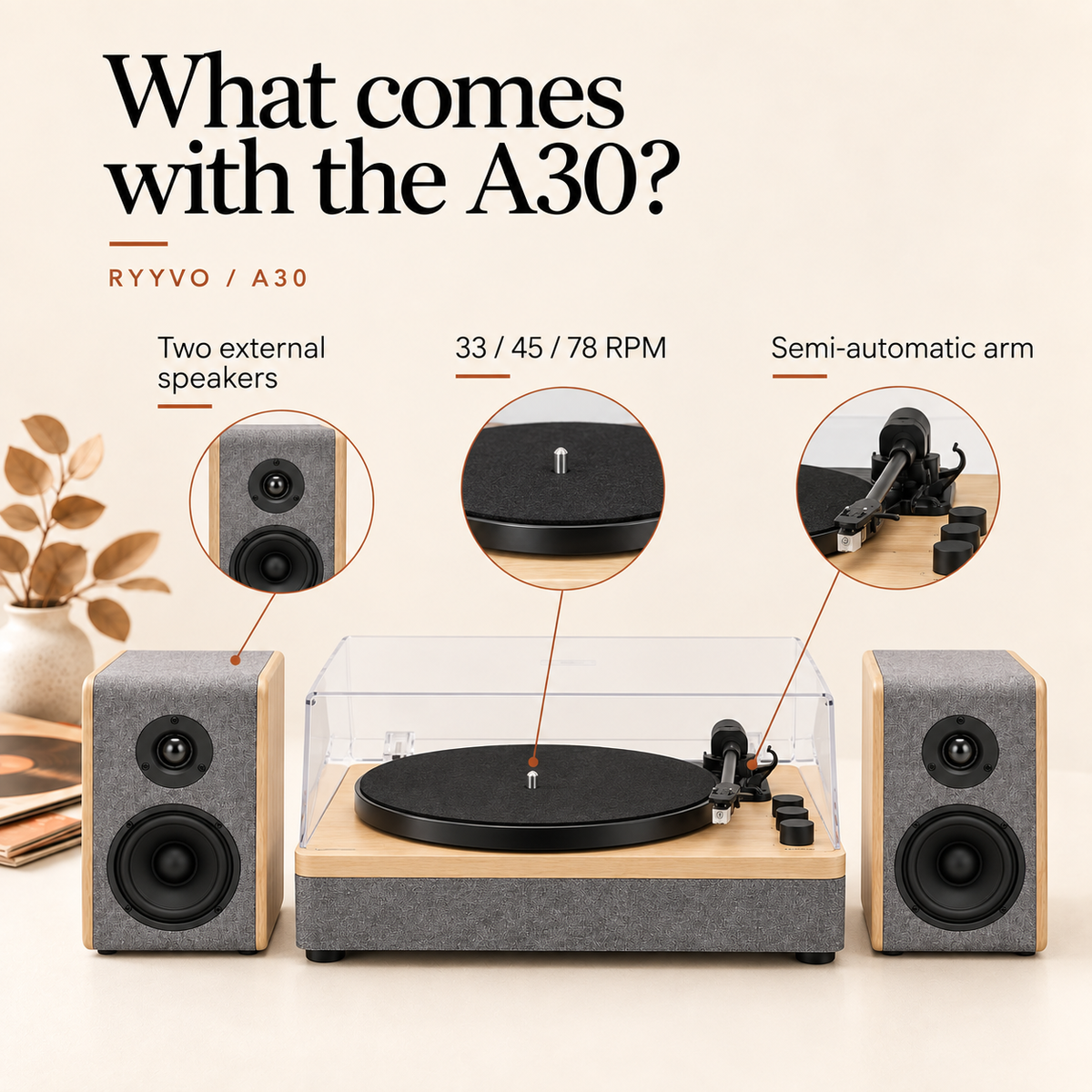 Ryyvo A30 Turntable with Speakers and 78 rpm