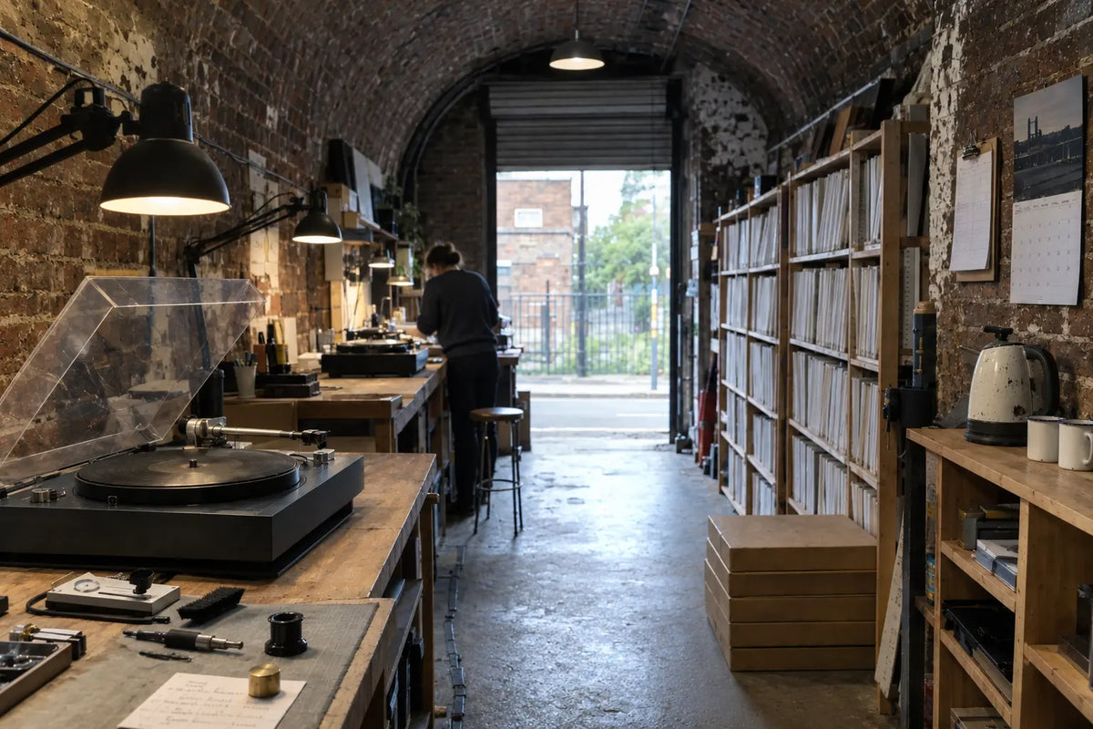 A workbench under task lamps, with a turntable and a wall of records behind it