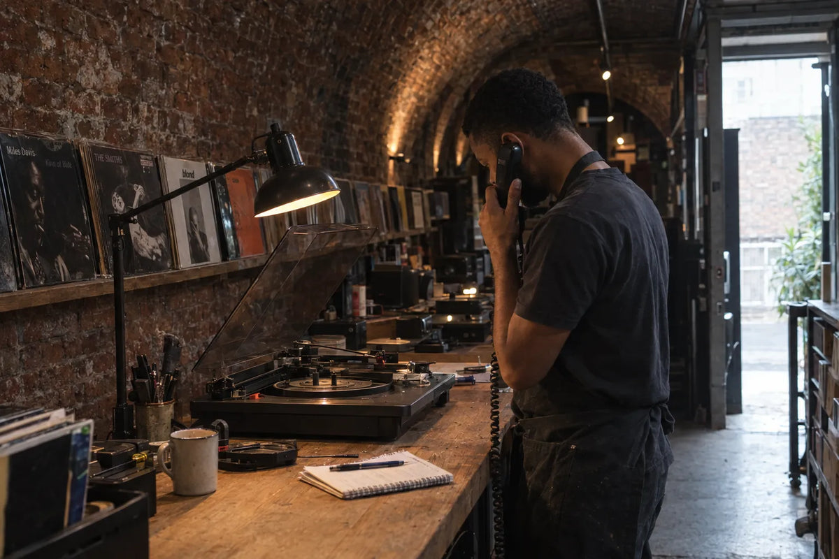 A call being taken next to an open turntable under a lamp