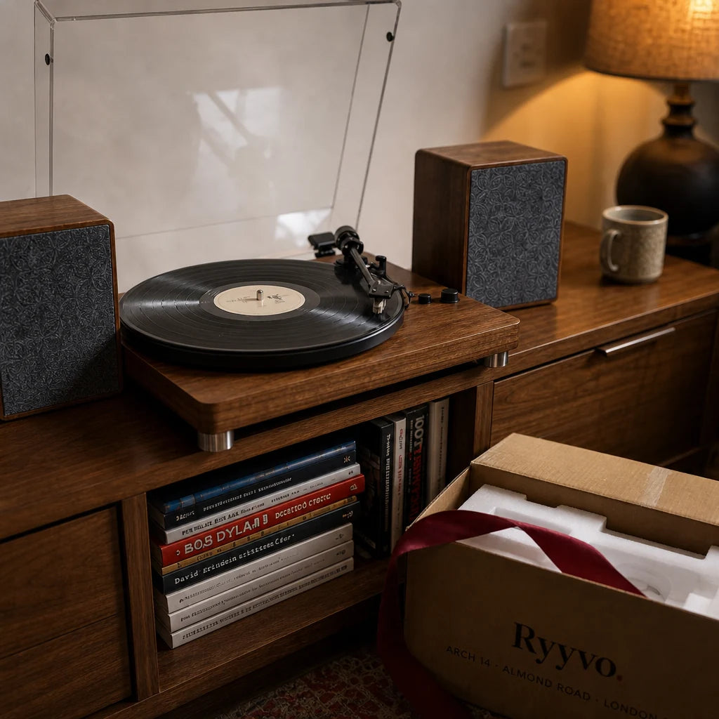 The Ryyvo S20 record player and its two speakers just unpacked on a walnut sideboard, the open Ryyvo carton beside it